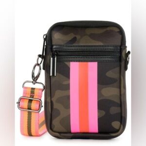 NWT Haute Shore Casey Showoff Crossbody Bag – Green Camo/Pink Orange Stripe